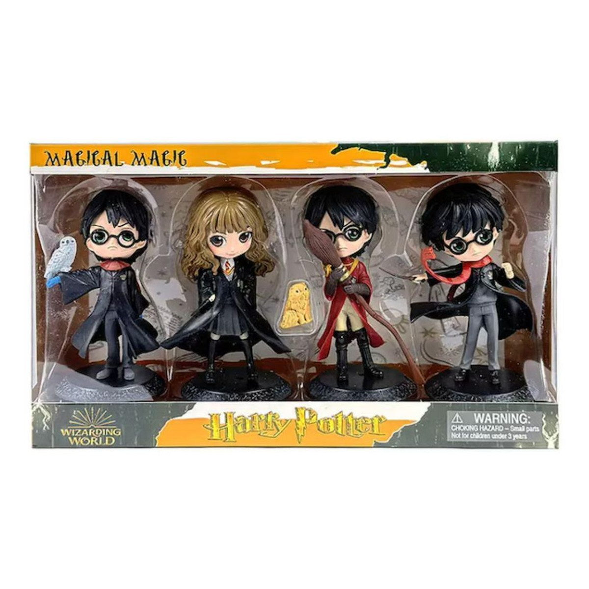 Coffret vitrine de 4 figurines Harry Potter chibi : Harry, Hermione et Harry en tenue de Quidditch