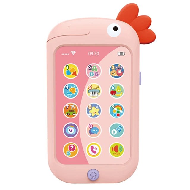 Baby Smartphone éducatif HUANGER rose en forme d'oiseau avec crête rouge souple et écran à 15 icônes