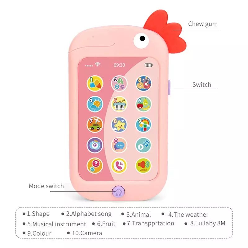 Les 10 fonctions du Baby Smartphone HUANGER : formes, alphabet, animaux, météo, instruments, fruits, véhicules, berceuses, couleurs et appareil photo