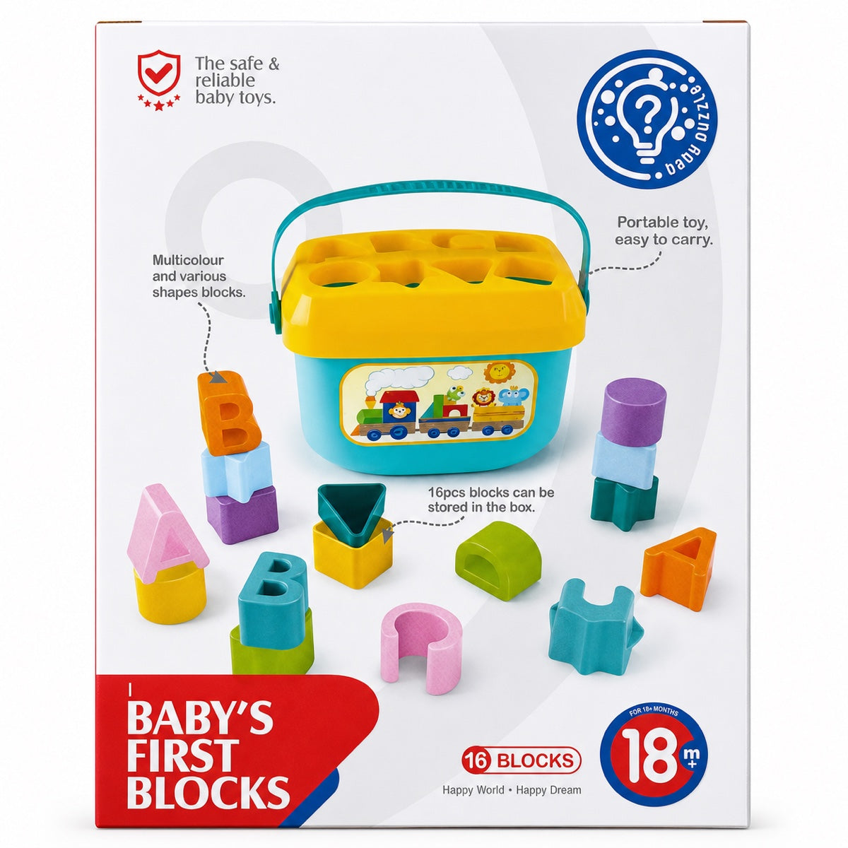 Boîte Baby's First Blocks HUANGER : 16 blocs lettres et formes à trier dans leur seau, dès 18 mois