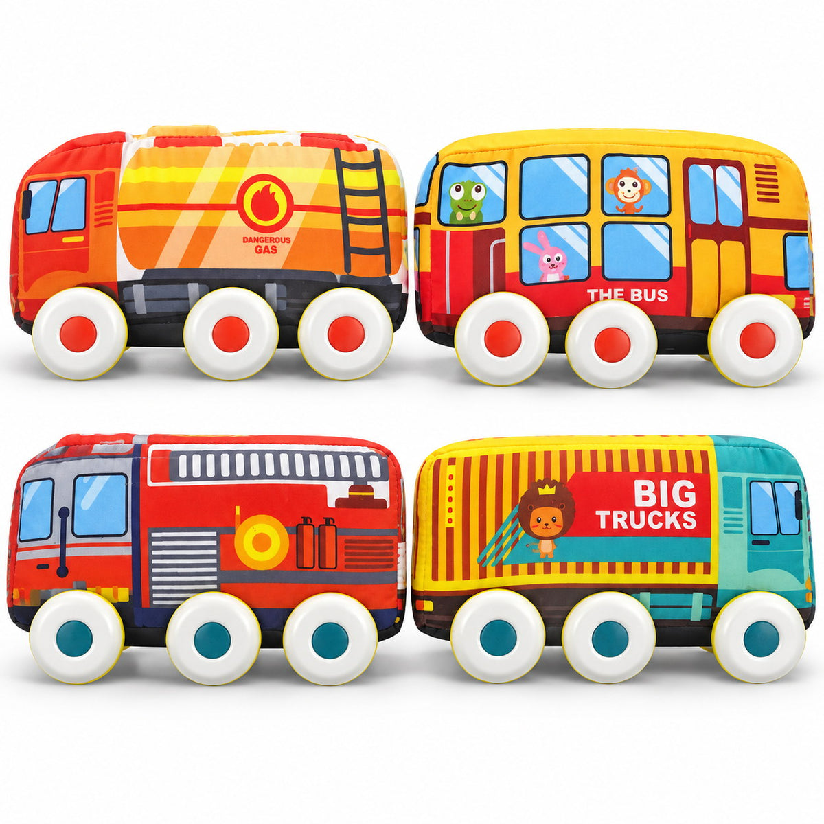 Coffret HUANGER de 4 véhicules en tissu à rétrofriction : camion-citerne, bus scolaire, camion de pompiers et camion porte-conteneur