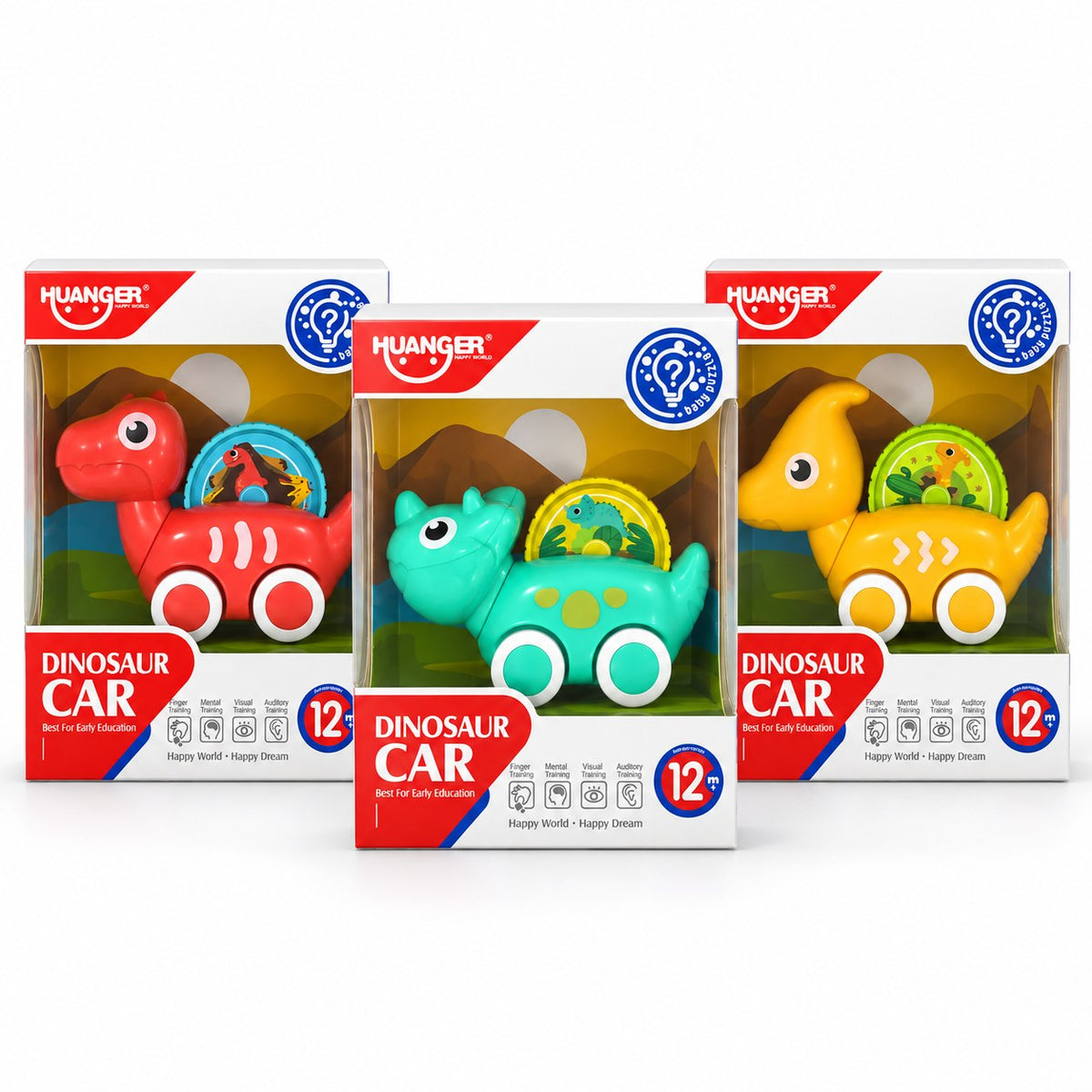 Les trois boîtes HUANGER Dinosaur Car côte à côte : rouge, menthe et jaune