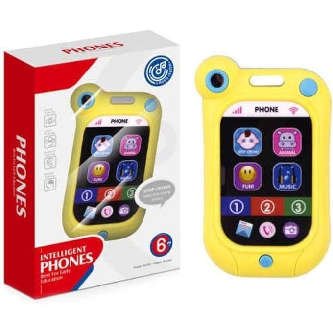 Boîte HUANGER Intelligent Phones à côté du smartphone jaune, dès 6 mois