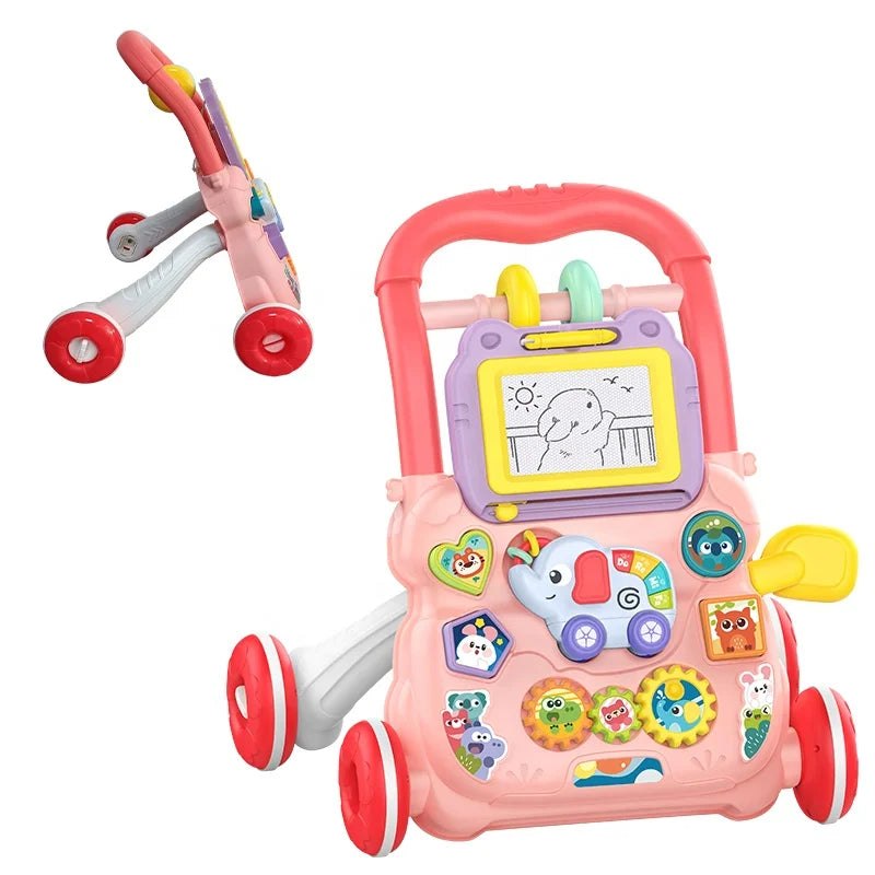 Trotteur HUANGER Music Walker rose vu de face et replié, avec ardoise magique, éléphant à roulettes et engrenages