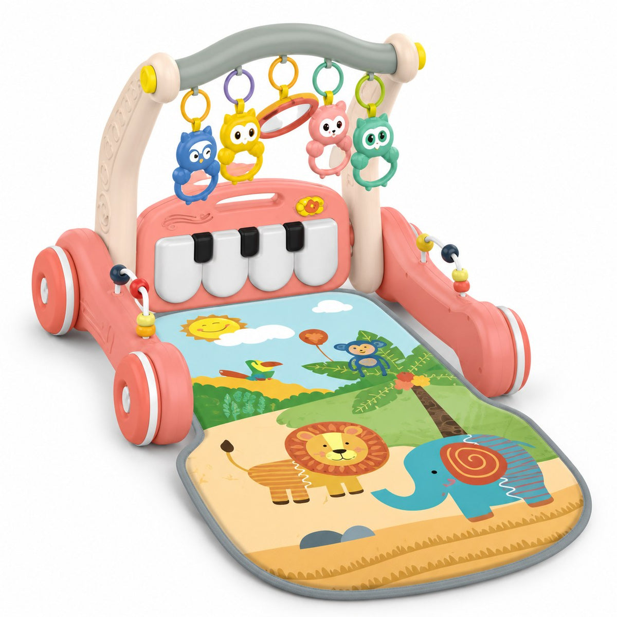 HUANGER 2 en 1 Piano Rack & Walker en mode tapis d'éveil : arche à 4 hochets hiboux et miroir, piano à touches et tapis jungle