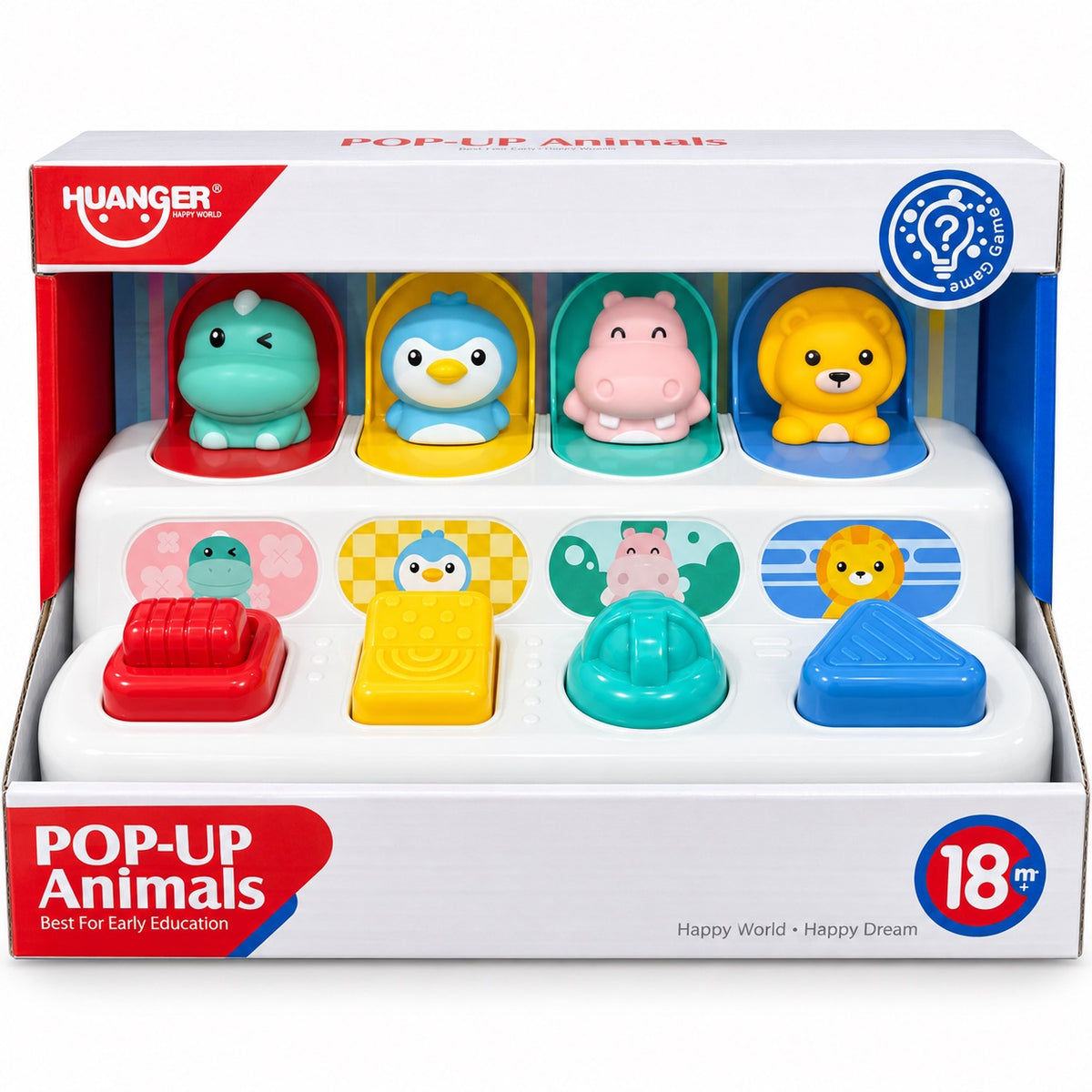Boîte HUANGER Pop-Up Animals : dinosaure, pingouin, hippopotame et lion sortis de leurs volets, et les quatre boutons