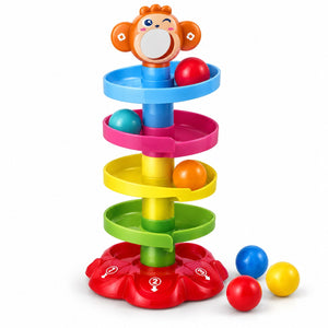 Tour à balles HUANGER Roll Ball à 4 plateaux colorés, singe à miroir au sommet et socle fleur numéroté 1-2-3