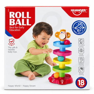 Boîte HUANGER Roll Ball, dès 18 mois, avec un enfant qui fait descendre une balle