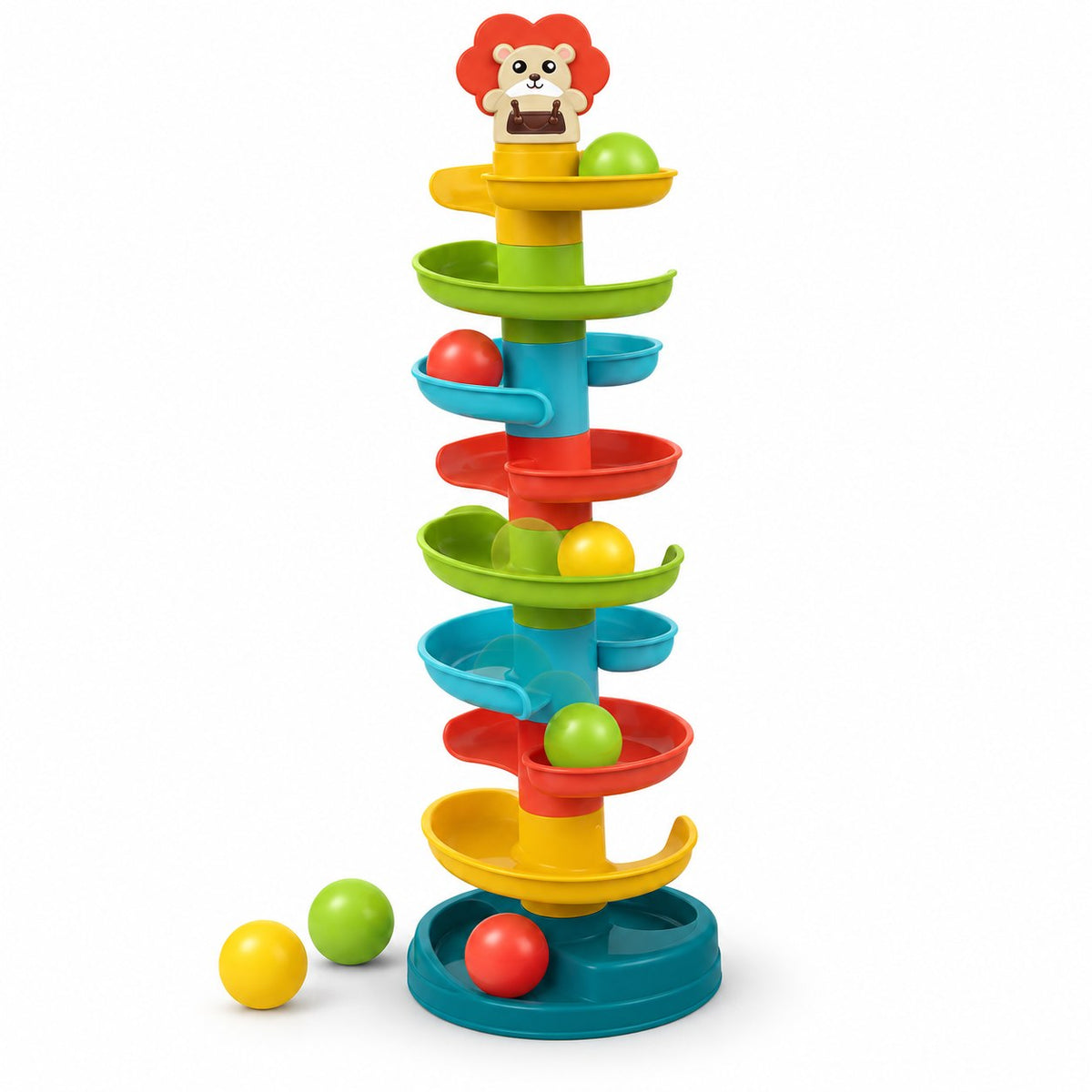 Tour à balles HUANGER Roll Ball 16 pièces avec lion au sommet et rampes en spirale colorées