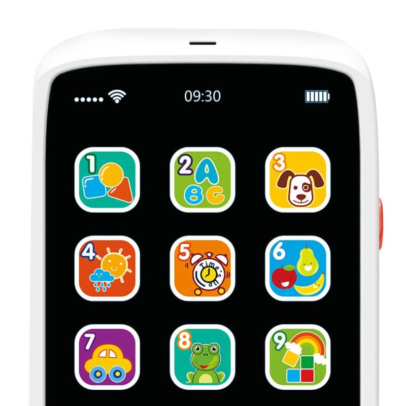 Gros plan sur l'écran du smartphone HUANGER : chiffres 1 à 9 illustrés de formes, lettres, animaux, météo, horloge et fruits