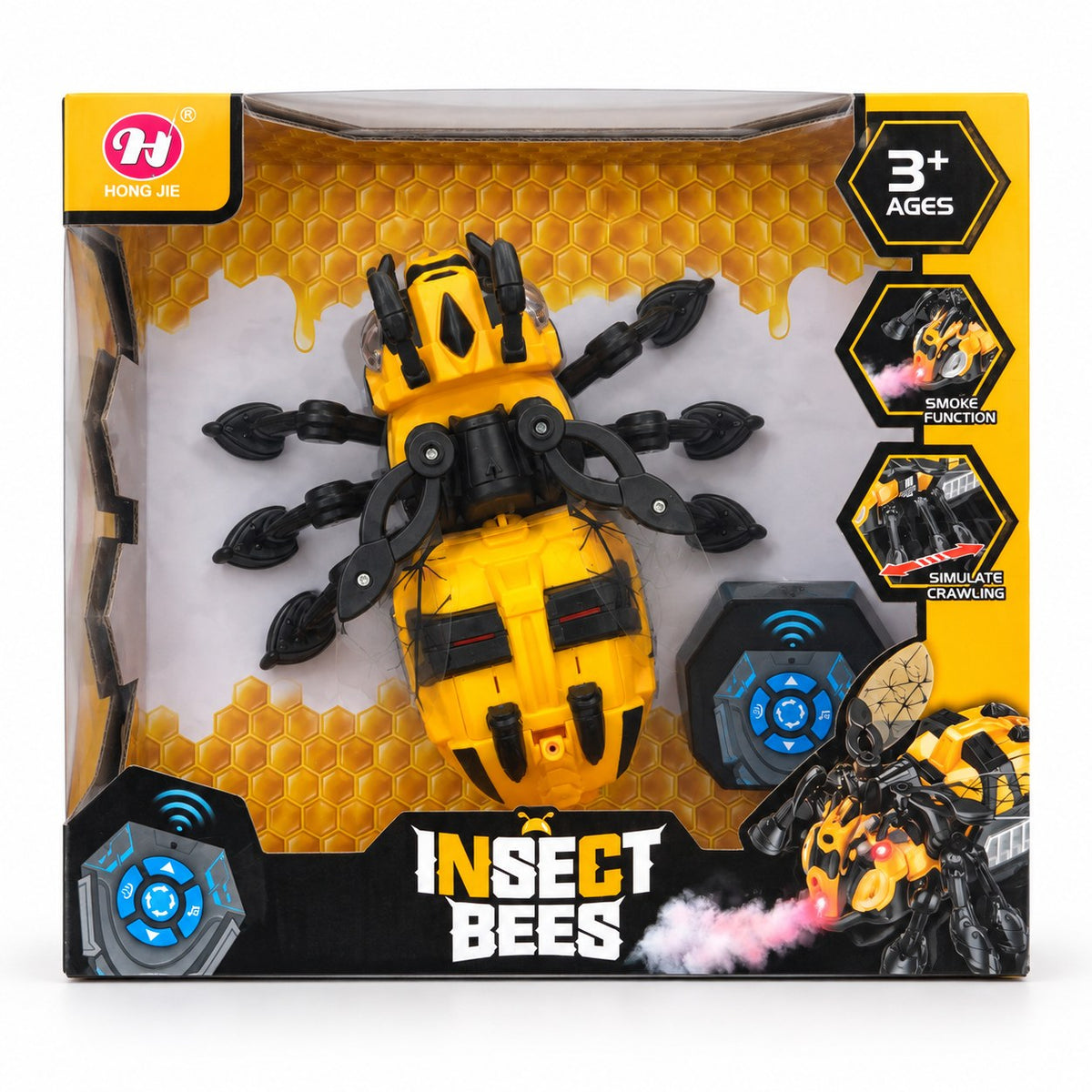 Boîte Insect Bees Hong Jie : abeille télécommandée jaune et noire avec fonction fumée et télécommande, dès 3 ans