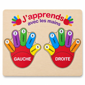 Puzzle en bois J'apprends avec les mains : main gauche et main droite, doigts numérotés de 1 à 10