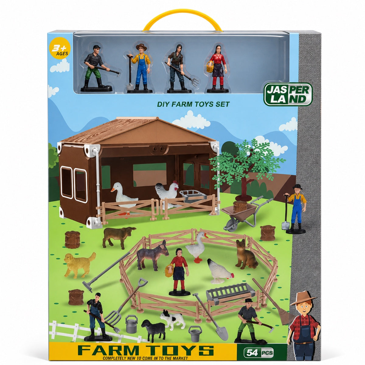 Coffret ferme Jasper Land 54 pièces : étable à monter, 4 fermiers, animaux de la ferme, clôtures et outils, dès 3 ans