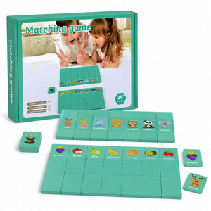 Contenu du jeu d'association fruits et animaux avec sa boîte verte