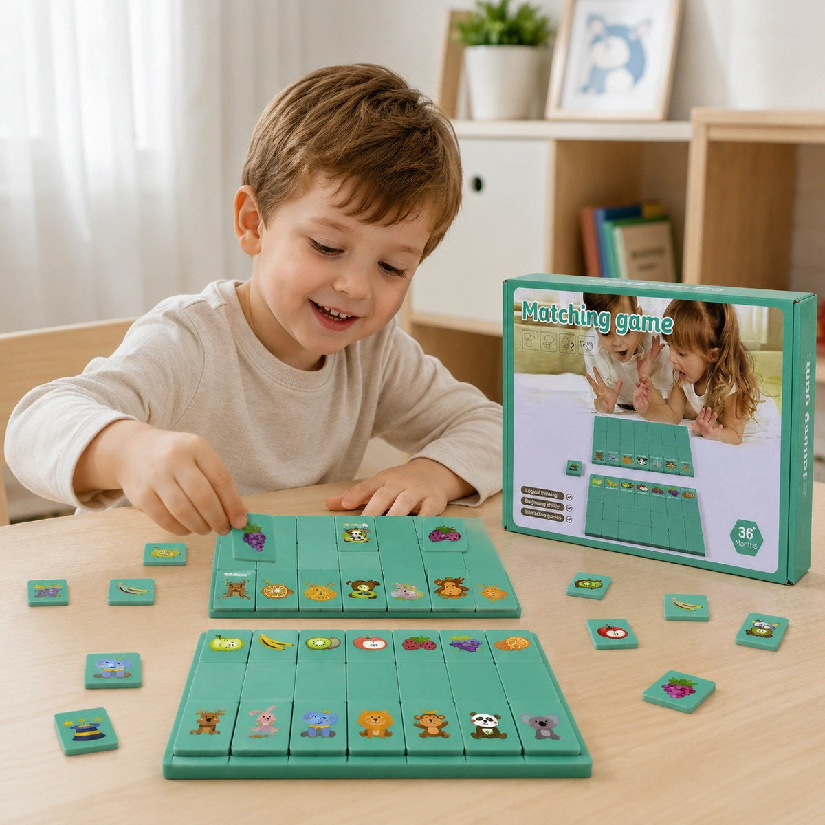 Enfant qui pose une tuile sur le plateau du jeu d'association