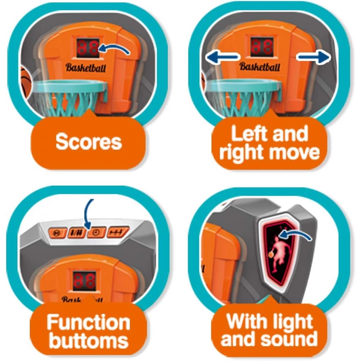 Fonctions du jeu de basket arcade : panier mobile, score digital, lumière et son
