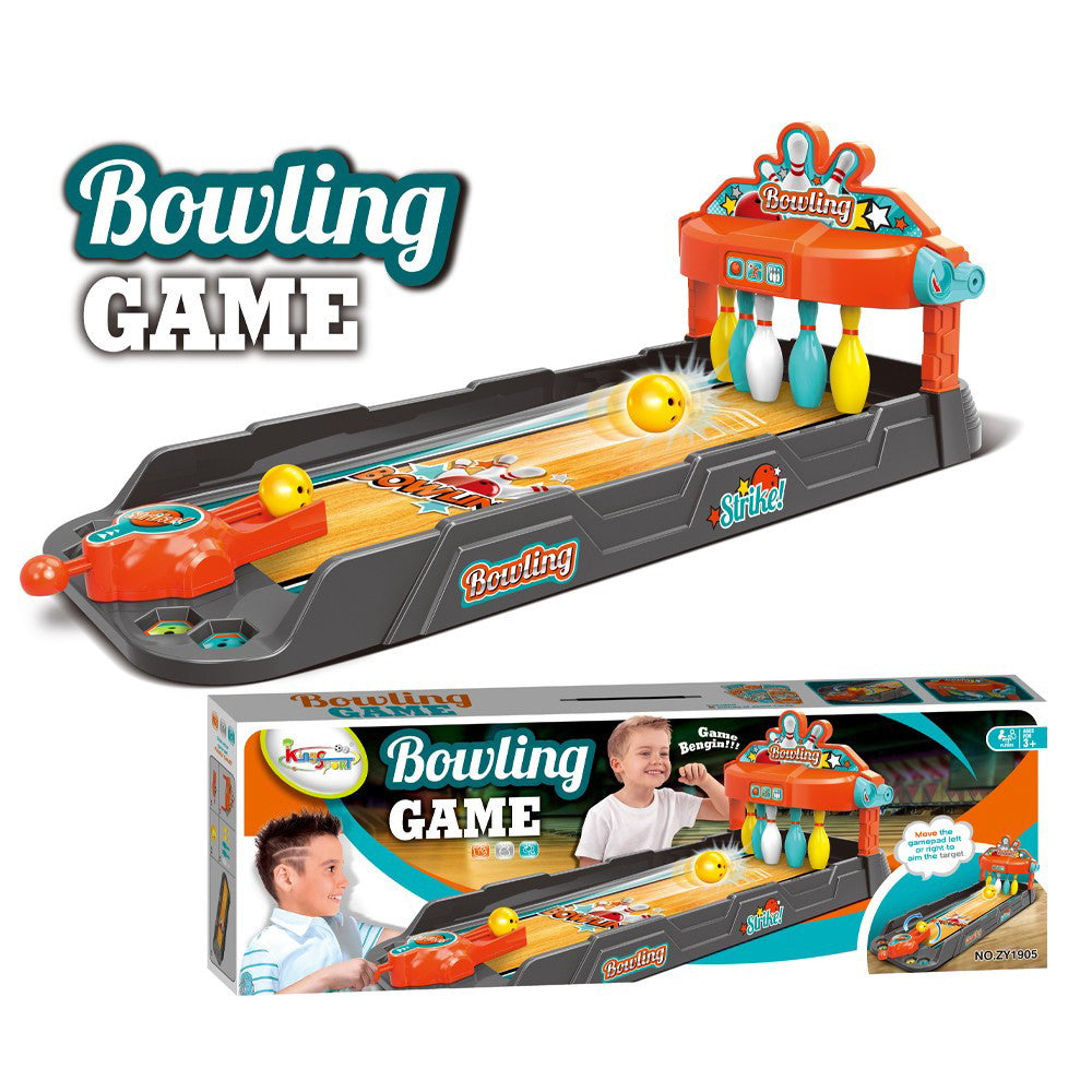 Jeu de bowling de table : piste grise, lanceur orange à ressort et quilles suspendues sous l'arche
