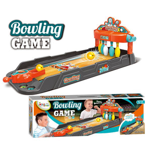 Jeu de bowling de table : piste grise, lanceur orange à ressort et quilles suspendues sous l'arche
