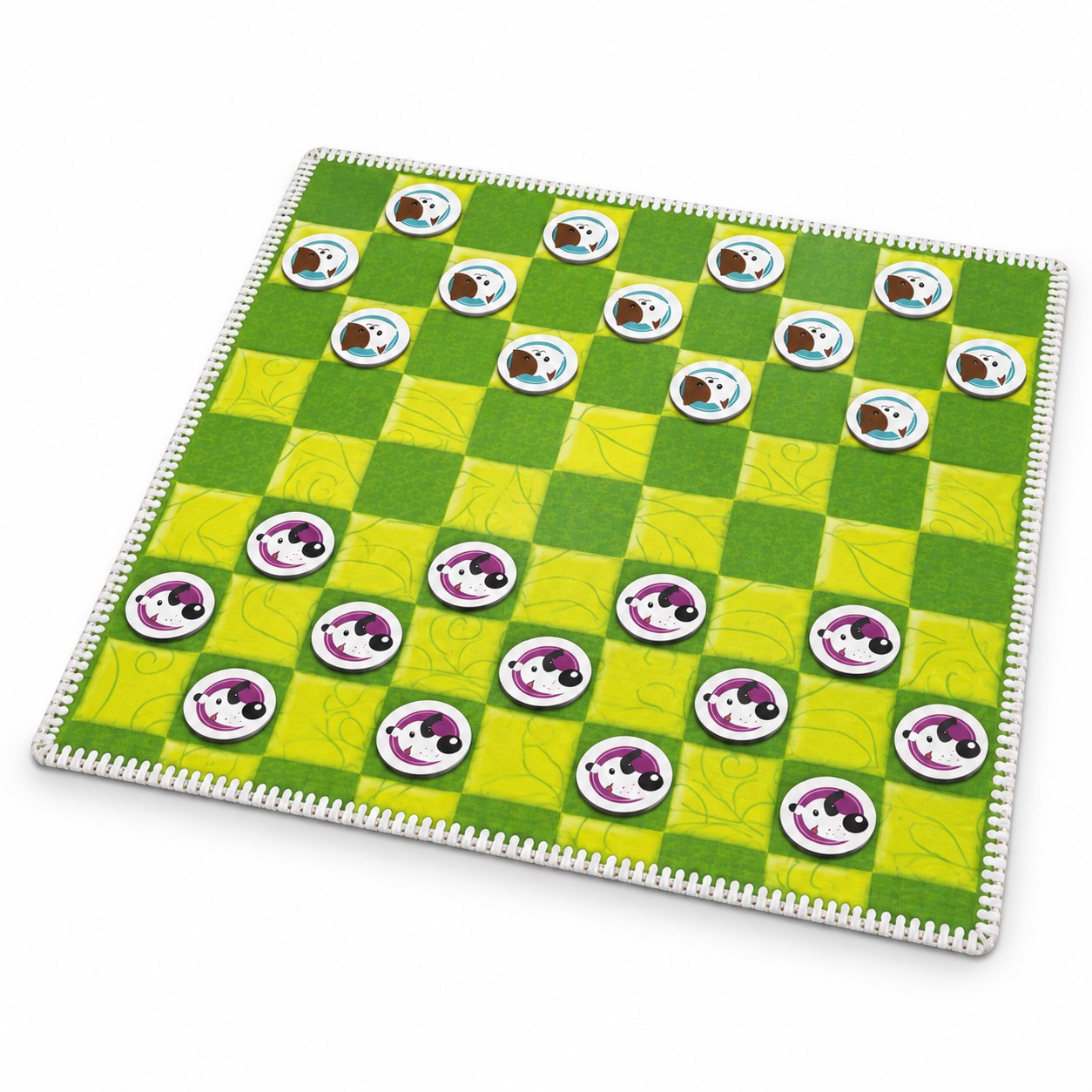 Plateau en tissu vert et jaune du jeu de dames avec pions illustrés de têtes de chiens