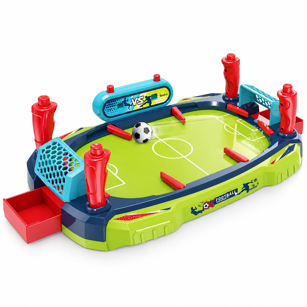 Jeu de football de table familial 2 à 4 joueurs avec leviers rouges, deux cages et tableau des scores
