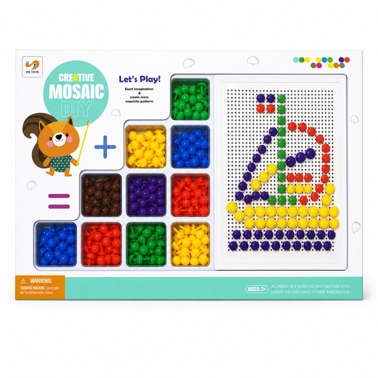 Coffret Creative Mosaic DIY : plaque perforée blanche et compartiments de pions champignons colorés pour créer des mosaïques