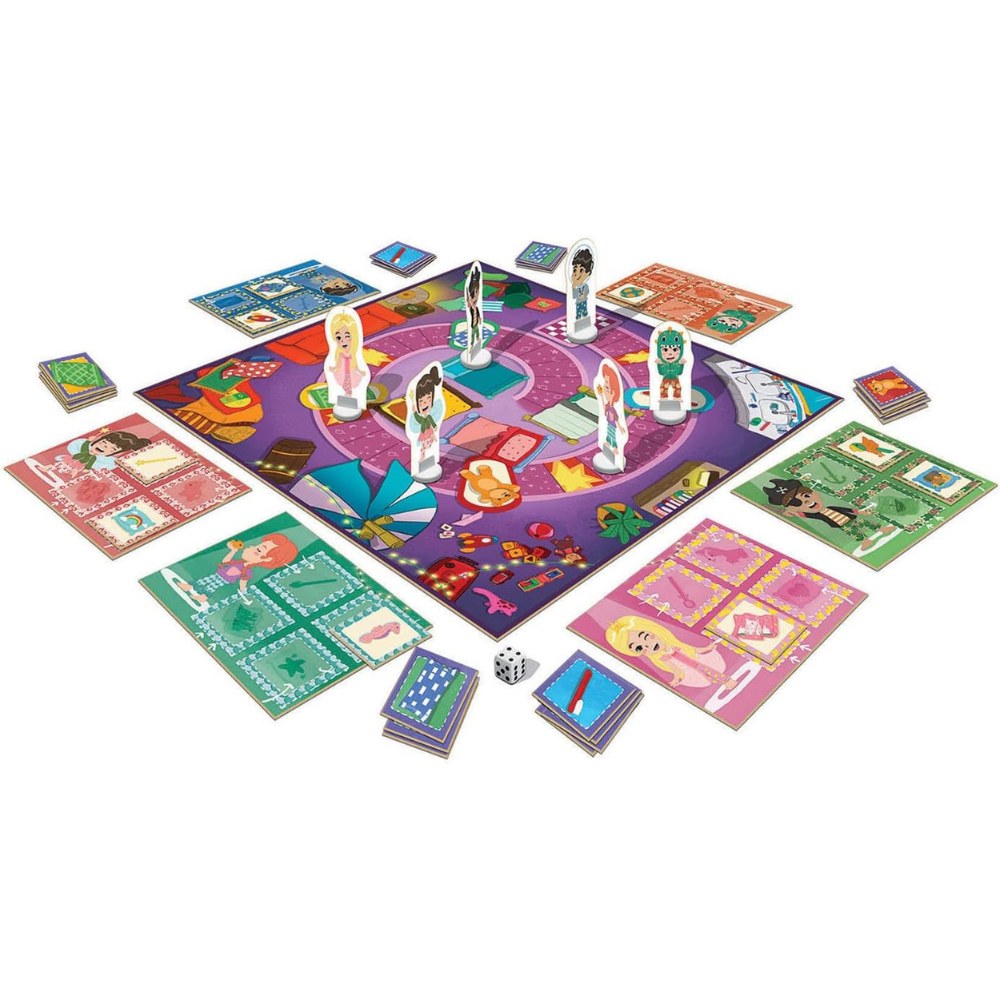 Plateau du jeu Pyjama Party avec figurines, planches de joueur, cartes-objets et dé