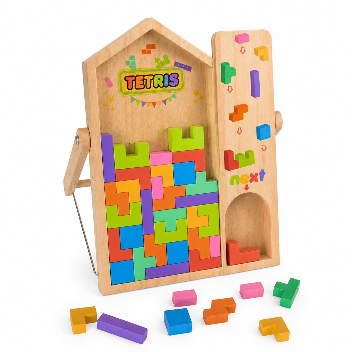 Jeu Tetris en bois sur chevalet avec trappe next et pièces colorées vives