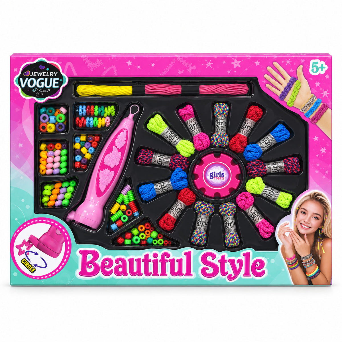 Coffret Jewelry Vogue Beautiful Style : disque de tressage, écheveaux de fil colorés, perles et outil rose, dès 5 ans