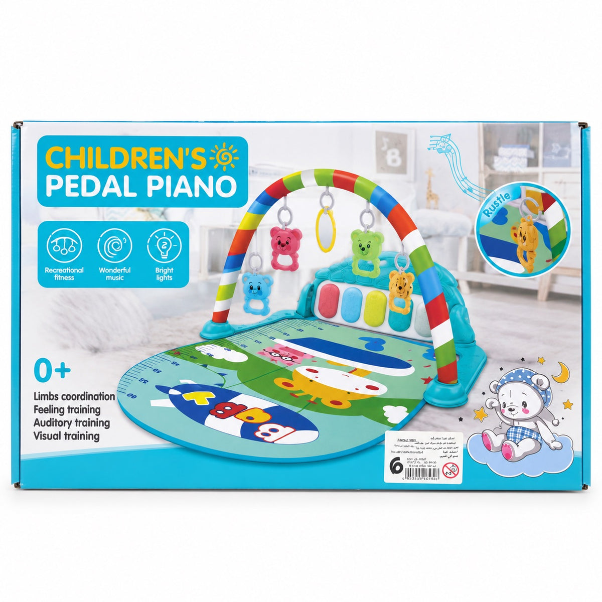 Boîte du tapis piano d'éveil Jia Sheng bleu, décor lapin, avec arche à hochets et piano au pied
