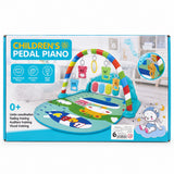 Boîte du tapis piano d'éveil Jia Sheng bleu, décor lapin, avec arche à hochets et piano au pied