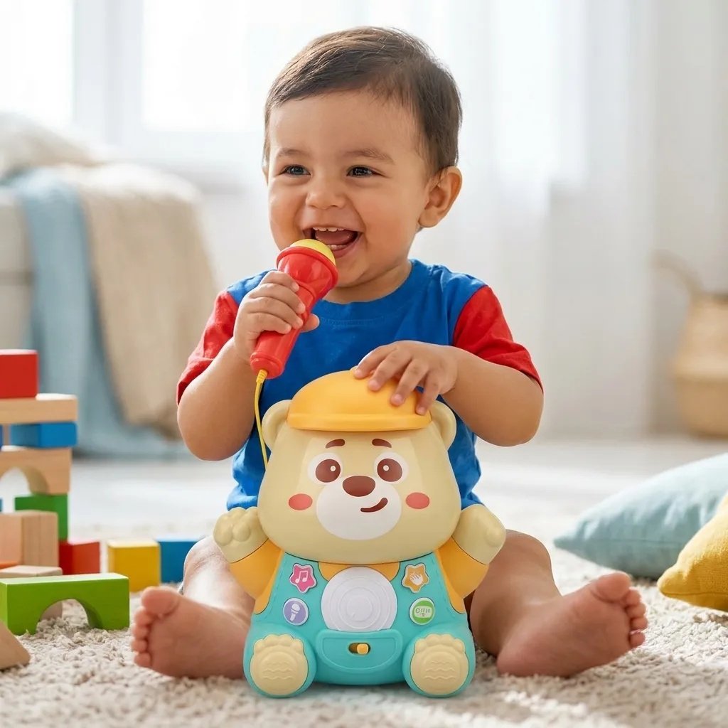 Bébé qui chante dans le micro du Karaoke Bear