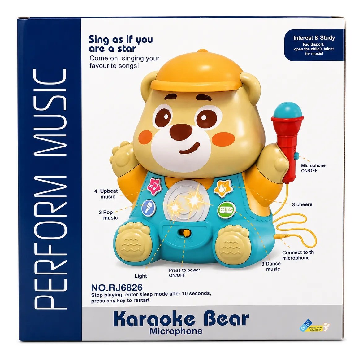 Fonctions du Karaoke Bear : 4 musiques entraînantes, 3 pop, 3 dance, 3 applaudissements et lumières