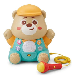 Ours karaoké Karaoke Bear avec son micro rouge relié par un câble spiralé