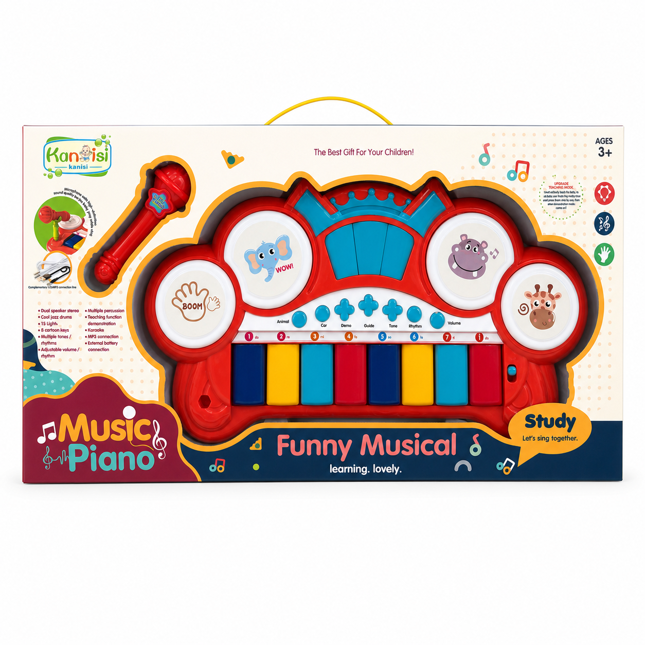 Clavier musical Kanisi avec micro karaoké, 8 touches, tambours et lumières, dès 3 ans