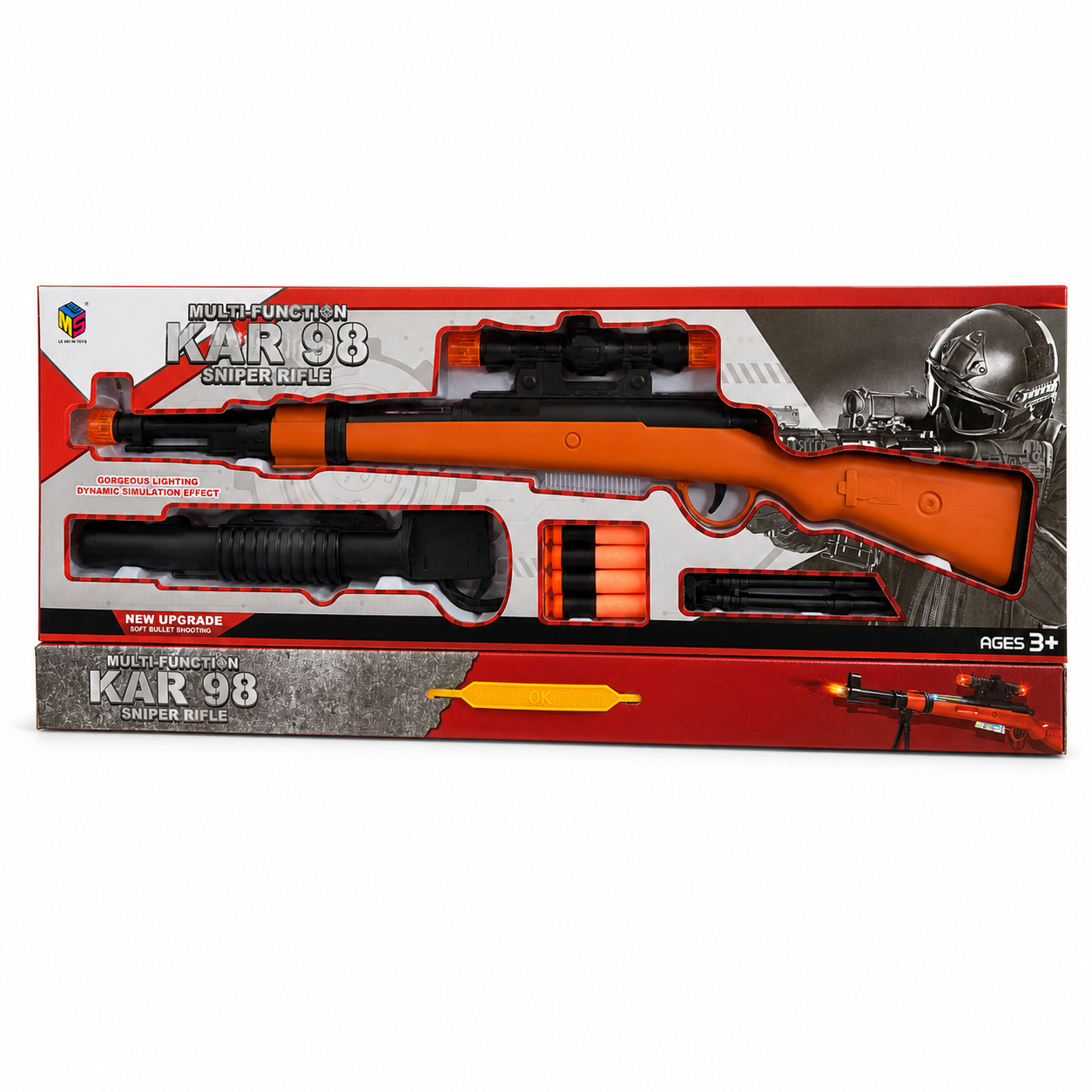 Fusil jouet KAR 98 orange à fléchettes mousse avec lunette de visée, bipied, 6 fléchettes et bandoulière, dans sa boîte
