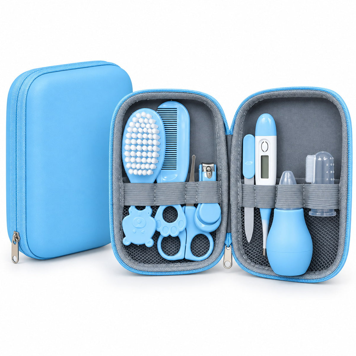 Kit de soin bébé bleu ouvert : brosse, peigne, thermomètre, mouche-bébé, coupe-ongles et ciseaux