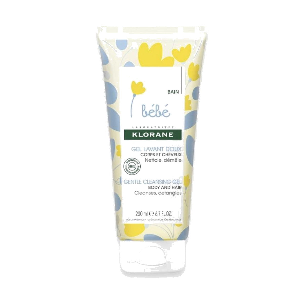 Klorane Bébé gel lavant doux corps et cheveux, tube 200 ml, 88 % d'ingrédients d'origine naturelle