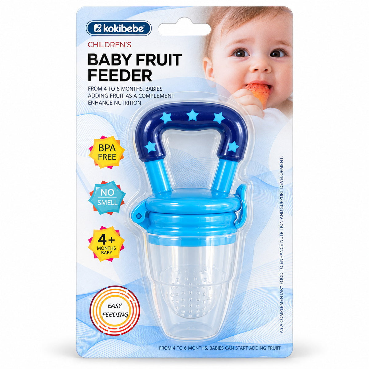 Grignoteuse bébé kokibebe bleue sous blister, tétine en silicone perforé et anneau étoilé