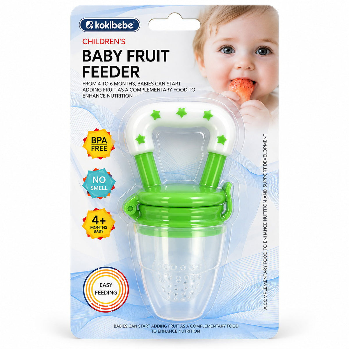 Grignoteuse bébé kokibebe verte sous blister, tétine en silicone perforé