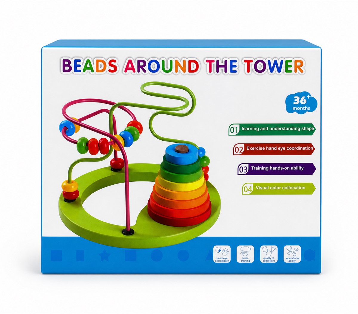 Boîte Beads Around The Tower — labyrinthe de perles et tour arc-en-ciel à empiler sur socle rond en bois vert