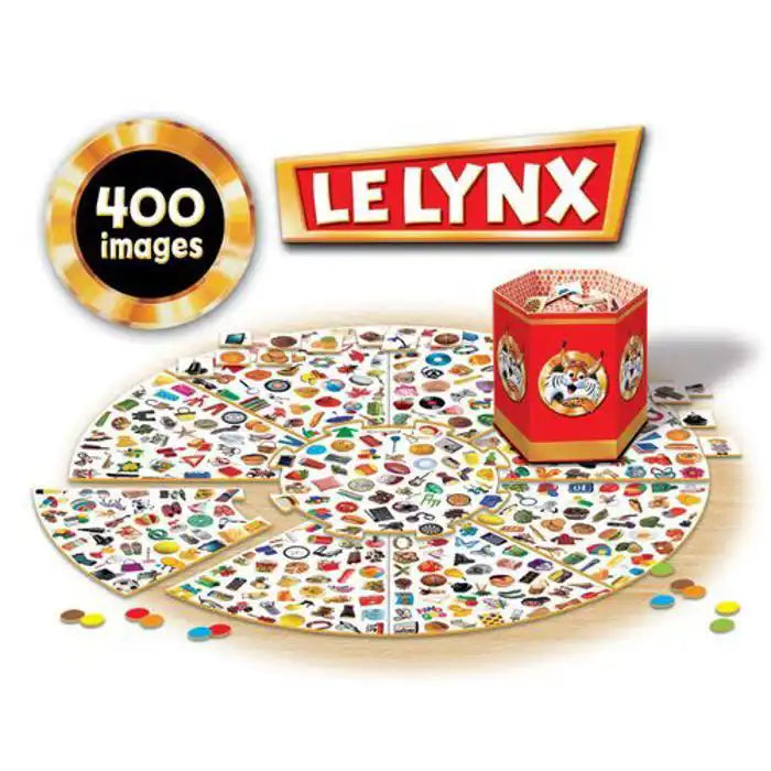 Plateau circulaire du jeu Le Lynx avec ses 400 images, la tour à cartes et les jetons de couleur