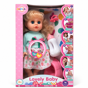 Boîte Lovely Baby : poupée interactive 6 fonctions avec biberon, sucette et pot, 16 sons, dès 3 ans