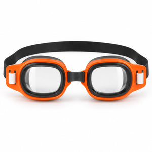 Lunettes de natation enfant orange et noires avec verres transparents et sangle réglable
