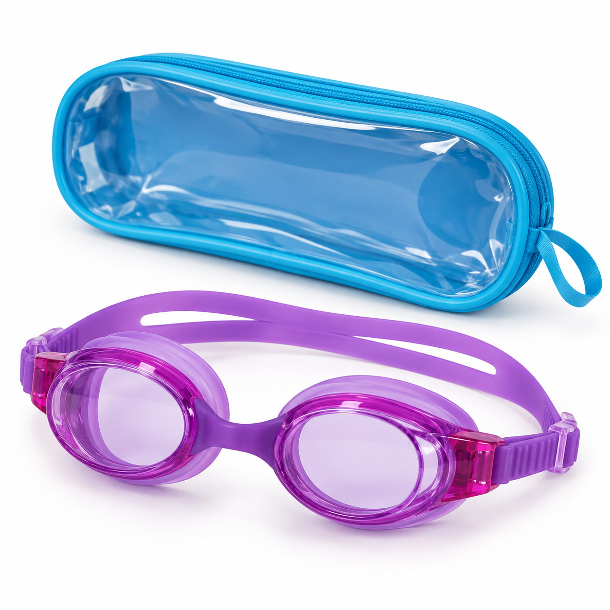 Lunettes de natation enfant violettes avec sangle souple réglable et leur étui zippé transparent