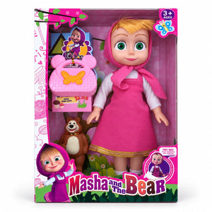 Poupée Macha en robe rose avec sac à main papillon et figurine de l'ours Michka
