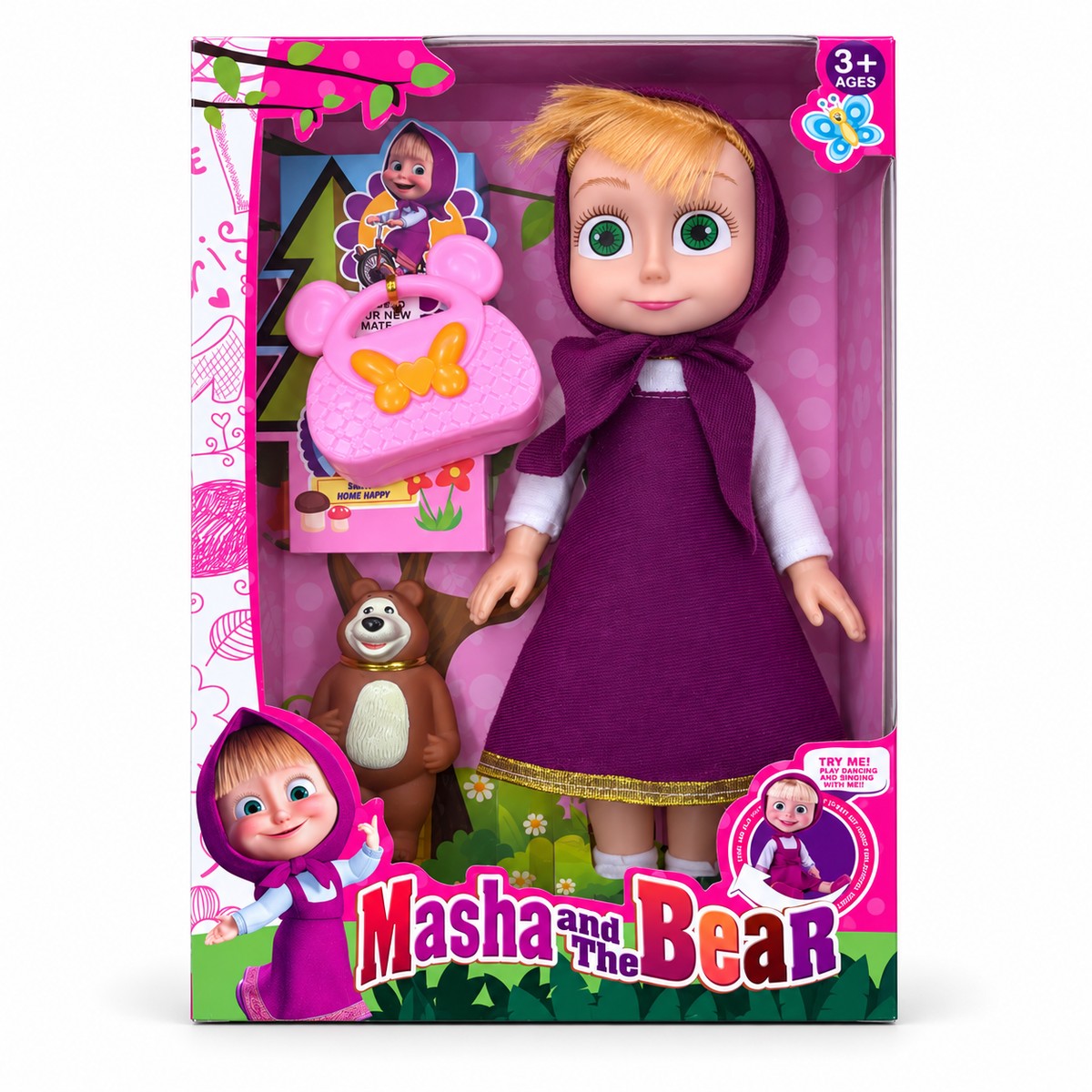 Poupée Macha en robe violette avec sac à main rose et figurine de l'ours Michka