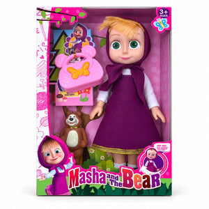 Poupée Macha en robe violette avec sac à main rose et figurine de l'ours Michka