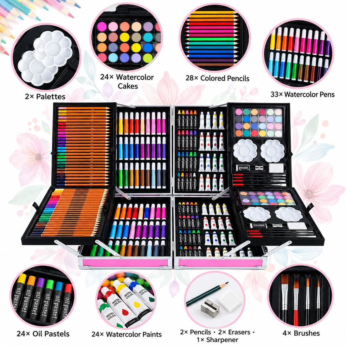 Détail du contenu de la mallette : 33 feutres, 28 crayons, 24 pastels, 24 tubes, 24 godets, 4 pinceaux et 2 palettes