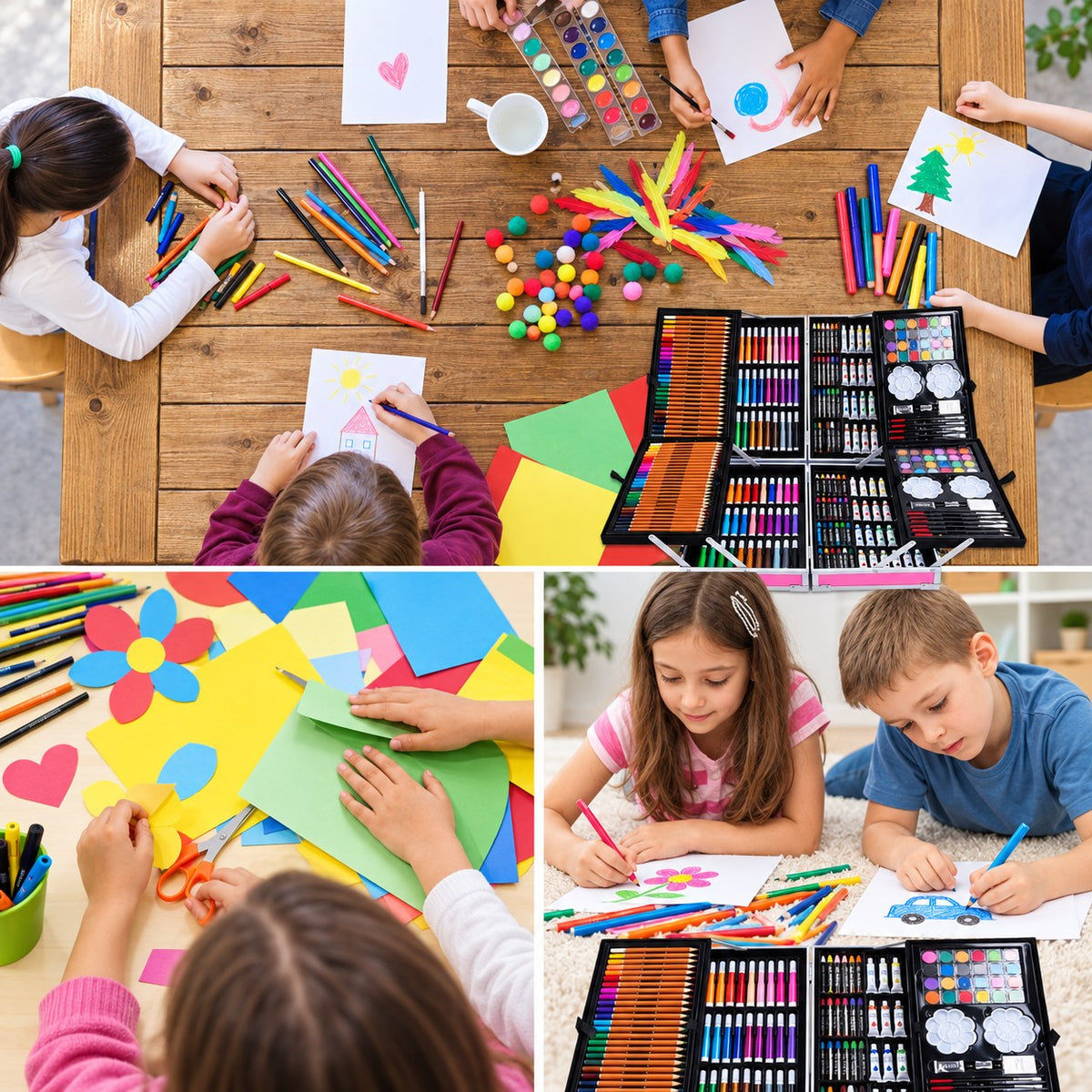 Enfants qui dessinent et peignent avec la mallette d'art ouverte à côté d'eux