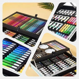 Contenu de la mallette : feutres, crayons de couleur, tubes de peinture, pastilles d'aquarelle et palette